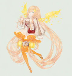 Rule 34 | 1girl, aqua eyes, blonde hair, blush, cape, dress, energy wings, flower, full body, hair flower, hair ornament, twirling hair, hand in own hair, high collar, high heels, long hair, long sleeves, looking at viewer, nail polish, orange thighhighs, parted lips, petals, petticoat, puffy long sleeves, puffy sleeves, rapunzel (sinoalice), ringo (pixiv27995436), sinoalice, solo, thighhighs, very long hair, yellow nails