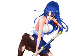 Rule 34 | 1girl, artist request, axe, battle axe, blue hair, bra, breasts, female focus, highres, holding, holding weapon, injury, large breasts, long hair, looking to the side, nipples, one breast out, pantyhose, red eyes, school uniform, shiny clothes, shiny skin, simple background, skirt, solo, sweat, taimanin (series), taimanin asagi, taimanin asagi zero, torn clothes, underwear, very long hair, weapon, white background, yatsu murasaki