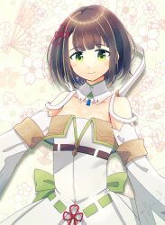 Rule 34 | 1girl, agnus female off-seer uniform, back bow, bare shoulders, bow, breasts, brown hair, closed mouth, detached collar, detached sleeves, dlllll lllllb, dress, floral background, green eyes, green ribbon, hair ribbon, highres, light smile, looking at viewer, miyabi (xenoblade), ribbon, small breasts, solo, white dress, wide sleeves, xenoblade chronicles (series), xenoblade chronicles 3