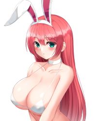 Rule 34 | 1girl, animal ears, aqua eyes, bad id, bad pixiv id, bare shoulders, bikini, blush, breasts, choker, cleavage, closed mouth, collared shirt, commission, dungeon and fighter, fake animal ears, hairband, highres, large breasts, long hair, maemi (maemi12), micro bikini, rabbit ears, red hair, revision, shirt, simple background, skindentation, solo, strap gap, sweat, swimsuit, upper body, very long hair, white background, white choker, white hairband