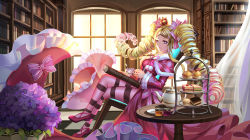 Rule 34 | 10s, 1girl, absurdres, beatrice (re:zero), blonde hair, blue eyes, book, bookshelf, bow, breasts, bug, butterfly, butterfly-shaped pupils, capelet, chair, checkered floor, closed mouth, crossed legs, crown, cup, curtains, dress, drill hair, eyelashes, floating hair, flower, food, frilled dress, frilled sleeves, frills, from side, full body, fur trim, gradient hair, hair bow, hair ribbon, highres, holding, holding cup, hydrangea, indoors, insect, jam, leaf, leaning back, light smile, long dress, long hair, long sleeves, looking at viewer, mafuyu (867208837), medium breasts, mini crown, multicolored hair, on chair, pantyhose, parted bangs, pink bow, pink dress, pink footwear, pink hair, plant, plate, pom pom (clothes), potted plant, purple flower, re:zero kara hajimeru isekai seikatsu, ribbon, shade, shoes, sidelocks, sitting, smile, solo, spoon, striped clothes, striped pantyhose, sweets, symbol-shaped pupils, table, teacup, teapot, tiered tray, twin drills, twintails, two-tone hair, wide sleeves, wind, window