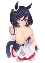 Rule 34 | 1girl, animal ears, bad id, bad pixiv id, black hair, blue eyes, blush, bob cut, breasts, cleavage, closed mouth, collarbone, detached sleeves, eishin flash (umamusume), german clothes, horse ears, horse girl, horse tail, keyfanjun, large breasts, long sleeves, looking at viewer, no bra, scrunchie, short hair, simple background, solo, tail, umamusume, white background, white scrunchie