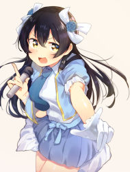 Rule 34 | 1girl, blue hair, blue necktie, blue skirt, blush, commentary request, cowboy shot, flower, gloves, hair between eyes, hair flower, hair ornament, holding, holding microphone, long hair, looking at viewer, love live!, love live! school idol festival, love live! school idol project, microphone, mofun, necktie, open mouth, pointing, pointing at viewer, shirt, short sleeves, simple background, single glove, skirt, smile, solo, sonoda umi, white gloves, white shirt, yellow eyes