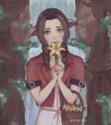 Rule 34 | aerith gainsborough, artsycams, brown hair, choker, cropped jacket, dress, final fantasy, final fantasy vii, final fantasy vii remake, flower, flower basket, green eyes, hair ribbon, highres, holding, holding flower, jacket, jewelry, lily (flower), long hair, looking at viewer, necklace, own hands together, parted bangs, pink dress, pink ribbon, red jacket, ribbon, short sleeves, sidelocks, square enix, twitter username, upper body, yellow flower