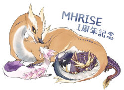 Rule 34 | alternate size, biting another&#039;s tail, claws, colored sclera, copyright name, fangs, fins, great izuchi, head fins, horns, looking at animal, lying, magnamalo, mizutsune, monster, monster focus, monster hunter (series), monster hunter rise, no humans, open mouth, orange fur, pointy ears, purple fur, purple scales, red eyes, sharp tail, slit pupils, user gdzk5382, whiskers, white background, yellow sclera