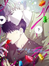 Rule 34 | ?, artist name, black sweater, blurry, brown hair, candy, confetti, depth of field, food, green sweater, head kiss, heart, highres, hug, hug from behind, ilay riegrow, jeong taeui, licking, light blush, lollipop, long sleeves, mistletoebirdy, official style, open mouth, passion (manhwa), red ribbon, ribbon, spoken heart, spoken question mark, sweatdrop, sweater, teeth, tongue, upper body, white hair, yaoi