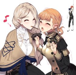 Rule 34 | 2boys, 2girls, annette fantine dominic, black hair, blonde hair, blush, boots, bow, commentary request, epaulettes, closed eyes, faceless, faceless male, felix hugo fraldarius, fire emblem, fire emblem: three houses, food, garreg mach monastery uniform, hair bow, highres, knee boots, long hair, long sleeves, low ponytail, mercedes von martritz, multiple boys, multiple girls, nintendo, open mouth, orange hair, pocky, pocky day, pocky kiss, red hair, shared food, short hair, simple background, sylvain jose gautier, twintails, uniform, white background, yappen, yuri