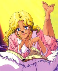 Rule 34 | 1990s (style), 1girl, absurdres, barefoot, bed, blonde hair, blue eyes, book, bracelet, electra (nadia), feet, fushigi no umi no nadia, glasses, highres, jewelry, leg up, lipstick, looking at viewer, lying, makeup, nightgown, on stomach, pillow, retro artstyle, solo, the pose