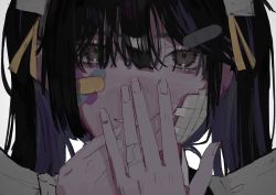 Rule 34 | 1girl, bandage on face, bandages, bandaid, bandaid hair ornament, bandaid on face, bandaid on hand, black hair, brown eyes, close-up, commentary request, covering own mouth, hair ornament, hair ribbon, highres, looking at viewer, mao oxo, original, parted lips, ribbon, smile, solo, yellow ribbon