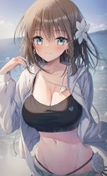 Rule 34 | 1girl, air bubble, beach, black shirt, blue jacket, blurry, blurry background, blush, braid, breasts, bubble, charlotte corday (fate), charlotte corday (swimsuit caster) (fate), charlotte corday (swimsuit caster) (first ascension) (fate), cleavage, closed mouth, cloud, collarbone, commentary request, crop top, fate/grand order, fate (series), flower, hair between eyes, hair flower, hair ornament, hair strand, hand up, highres, jacket, jewelry, kuro futoshi, long sleeves, looking at viewer, medium breasts, medium hair, messy hair, midriff, navel, necklace, open clothes, open jacket, shirt, sidelocks, sky, smile, solo, standing, upper body, water