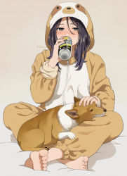 Rule 34 | barefoot, beer can, black hair, blush, can, dog, drink can, drinking, drunk, formal, gradient background, grey background, mattaku mousuke, original, signature, simple background, sitting, strong zero, suit, tagme, tin can, toes, welsh corgi