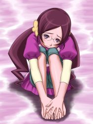 Rule 34 | 10s, 1girl, barefoot, blush, capri pants, commentary request, eyelashes, feet, frown, glasses, hair ornament, hanasaki tsubomi, hands on feet, heartcatch precure!, highres, kamisuki, long hair, looking at viewer, pants, precure, purple background, purple eyes, purple hair, sitting, solo, tears, toes, twintails