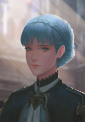 Rule 34 | 1girl, blue dress, blue hair, braid, brown eyes, capelet, closed mouth, commentary, crown braid, dress, english commentary, epaulettes, fire emblem, fire emblem: three houses, indoors, light rays, lips, looking at viewer, marianne von edmund, nintendo, ribbon, short hair, smile, solo, white ribbon, yagaminoue
