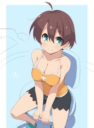 Rule 34 | 10s, 1girl, arm support, bare shoulders, blush, breasts, brown hair, chair, cleavage, green eyes, hoppege, large breasts, looking at viewer, new game!, shinoda hajime, short hair, shorts, smile, solo
