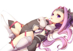 Rule 34 | 1girl, armor, black leotard, blush, bow, breastplate, collar, covered navel, detached sleeves, fate/grand order, fate (series), hair bow, hair intakes, headband, highres, leg up, leotard, long hair, lying, medusa (fate), medusa (lancer) (fate), medusa (rider) (fate), on back, open mouth, ponytail, purple eyes, purple hair, ribbon, rider, solo, tatapopo, thighhighs, white thighhighs