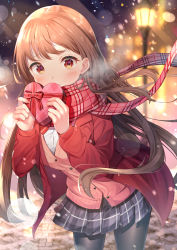 Rule 34 | 1girl, absurdres, black pantyhose, black skirt, blurry, blurry background, blush, brown eyes, brown jacket, commentary request, heart, highres, holding, jacket, looking at viewer, nari (narikashi), original, outdoors, pantyhose, pleated skirt, red jacket, red scarf, scarf, shirt, skirt, smile, snow, solo, valentine, white shirt
