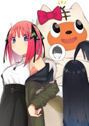 Rule 34 | 1girl, absurdres, armpits, bad id, bad pixiv id, bare shoulders, black hair, black ribbon, black skirt, blue eyes, blunt bangs, blush, bow, butterfly hair ornament, butterfly ornament, coat, costume, crossed arms, from behind, go-toubun no hanayome, green coat, hair ornament, hand on own hip, high-waist skirt, highres, itame moyashi, jewelry, long hair, looking at viewer, nail polish, nakano nino, necklace, parted lips, pink hair, ponytail, red bow, ribbon, simple background, skirt, stuffed animal, stuffed toy, twintails, uesugi fuutarou, uesugi raiha, v-shaped eyebrows, white background