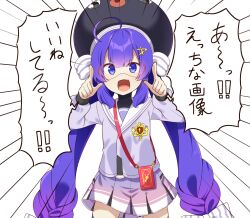 Rule 34 | 1girl, ahoge, black hat, black undershirt, chaakusu, commentary request, cowboy shot, eel hat, emphasis lines, fang, goggles, hair ornament, hairclip, hands up, hat, highres, jacket, long hair, long sleeves, looking at viewer, open mouth, otomachi una, otomachi una (voicepeak), pleated skirt, pointing, pointing at viewer, purple eyes, purple hair, purple jacket, purple skirt, school uniform, serafuku, shirt, short eyebrows, shoulder strap, shouting, skin fang, skirt, solo, speech bubble, standing, translated, turtleneck, turtleneck shirt, twintails, v-shaped eyebrows, very long hair, vocaloid, voicepeak, white background