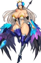 1girl alternate_breast_size armor armored_dress bare_shoulders blue_eyes breasts choker crown detached_sleeves dress grey_hair gurimjang gwendolyn_(odin_sphere) hair_ornament highres huge_breasts large_breasts leg_wings long_hair low_wings multicolored_wings multiple_wings odin_sphere polearm polearm_behind_back purple_eyes solo spear strapless strapless_dress thighhighs valkyrie vanillaware weapon white_hair wings