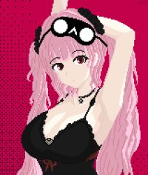 Rule 34 | 1girl, armpits, arms behind head, arms up, black choker, black nightgown, breasts, choker, cleavage, highres, hololive, hololive english, large breasts, long hair, looking at viewer, mask, mask on head, mori calliope, mori calliope (sleepwear), nightgown, pink hair, pixel art, red eyes, self-upload, sleep mask, sleepwear, smile, thejduck, twintails, virtual youtuber
