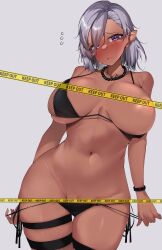 Rule 34 | 1girl, absurdres, asymmetrical bangs, bead necklace, beads, bikini, bikini bottom pull, bikini top pull, black thighhighs, blush, bracelet, breasts, caution tape, censored, cleft of venus, commentary, commission, cowboy shot, dark-skinned female, dark elf, dark skin, elf, english commentary, english text, flying sweatdrops, frown, grey background, grey hair, half-closed eyes, head tilt, highres, jewelry, keep out, kshimu, large breasts, mixed-language commentary, navel, necklace, open mouth, original, pointy ears, pulling own clothes, simple background, skeb commission, solo, swimsuit, tape censor, thigh gap, thigh strap, thighhighs, untying