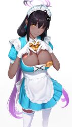 Rule 34 | absurdres, ahoge, apron, black hair, blue archive, breasts, cleavage, cleavage cutout, clothing cutout, finger heart, gloves, halo, highres, karin (blue archive), large breasts, long hair, maid headdress, name tag, thighhighs, white apron, white background, white gloves, white thighhighs, yellow eyes, yoroshinbo