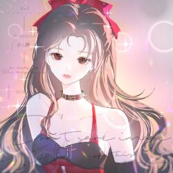 Rule 34 | 1girl, aespa, animification, black dress, black gloves, bow, breasts, brown eyes, brown hair, chinese text, cleavage, collar, collarbone, dress, elbow gloves, english text, gloves, hair bow, head tilt, highres, k-pop, lens flare, long hair, looking at viewer, ningning (aespa), real life, red bow, red collar, red dress, small breasts, solo, sparkle, very long hair, xiao dao mei w