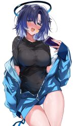 Rule 34 | 1girl, black shirt, blue archive, blue buruma, blue jacket, blush, breasts, buruma, commentary, flying sweatdrops, gym uniform, halo, highres, hirai yuzuki, jacket, jacket partially removed, large breasts, looking at viewer, navel, official alternate costume, partially unzipped, ponytail, purple hair, shirt, signature, simple background, solo, star sticker, sticker, sticker on face, sweat, sweatdrop, symbol-only commentary, t-shirt, thighs, track jacket, white background, yuuka (blue archive), yuuka (track) (blue archive)
