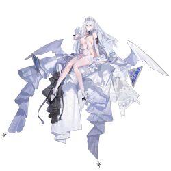 Rule 34 | 1girl, arm up, bare shoulders, blush, breast curtains, breasts, bridal veil, detached sleeves, dress, eos (neural cloud), full body, girls&#039; frontline, girls&#039; frontline neural cloud, hair between eyes, high heels, highres, long hair, official alternate costume, official art, revealing clothes, see-through, sitting, smile, solo, thigh strap, thighhighs, third-party source, tiara, transparent background, underboob, veil, wedding dress, white hair, white thighhighs, yellow eyes