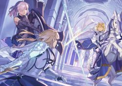 Rule 34 | 3girls, armor, artoria pendragon (fate), artoria pendragon (lancer) (fate), bedivere (fate), bianyuanqishi, blonde hair, castle interior, crown, fate/grand order, fate (series), green eyes, holding, holding shield, holding sword, holding weapon, horse, indoors, looking at another, mash kyrielight, multiple girls, parted lips, pillar, purple eyes, purple hair, rhongomyniad (fate), shield, short hair, standing, sword, throne, weapon