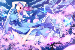 Rule 34 | 1girl, bare legs, barefoot, blue dress, bug, butterfly, cherry blossoms, cloud, cloudy sky, dress, hand fan, flying, frilled kimono, frills, highres, bug, japanese clothes, kimono, looking at viewer, magic, petals, pink hair, quan (kurisu tina), red eyes, ribbon-trimmed sleeves, ribbon trim, saigyouji yuyuko, sailor collar, sash, short hair, sky, sleeves pushed up, smile, solo, touhou, tree, wide sleeves
