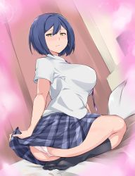 Rule 34 | absurdres, ass, bed sheet, black socks, blue hair, blue skirt, blush, breasts, cafekun, closed mouth, clothes lift, dutch angle, expressionless, from side, full body, heart, highres, indoors, kneehighs, large breasts, lifted by self, looking at viewer, looking to the side, necktie, nijisanji, nose blush, on bed, panties, pillow, plaid, plaid skirt, pleated skirt, purple necktie, seiza, shirt, shizuka rin, short hair, short sleeves, sitting, skirt, skirt lift, socks, solo, underwear, upskirt, virtual youtuber, white panties, white shirt, yellow eyes
