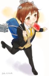 Rule 34 | 10s, 1girl, 2016, alternate costume, ama mitsuki, bag, black pantyhose, blazer, bread slice, brown eyes, brown hair, dated, food, food in mouth, headgear, jacket, kantai collection, loafers, mouth hold, necktie, pantyhose, pleated skirt, running, school bag, school uniform, shoes, short hair, simple background, skirt, solo, toast, toast in mouth, white background, yellow necktie, yukikaze (kancolle)