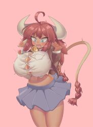 Rule 34 | 1girl, ahoge, animal ears, blue eyes, blue skirt, blush, borrowed character, breast expansion, breasts, bursting breasts, cow ears, cow girl, cow horns, cow tail, cowbell, dark-skinned female, dark skin, ear tag, eyelashes, female focus, horns, huge breasts, long hair, miniskirt, nicole (ego trigger), original, pincerpencil, pink background, skirt, solo, standing, tail