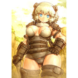 Rule 34 | 1girl, armor, blonde hair, blue eyes, breasts, colossus, curvy, fur, hip focus, horns, large breasts, panties, personification, shadow of the colossus, shigatake, solo, thighhighs, underwear, valus (shadow of the colossus), wide hips