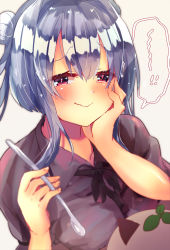 Rule 34 | 1girl, absurdres, black ribbon, blue hair, blurry, blurry foreground, blush, closed mouth, collarbone, collared shirt, commentary request, depth of field, double bun, ebihara beniko, fingernails, foodgasm, grey background, grey shirt, hair between eyes, hair bun, hand on own face, highres, holding, holding spoon, long hair, neck ribbon, original, puffy short sleeves, puffy sleeves, red eyes, ribbon, shirt, short sleeves, sidelocks, simple background, smile, solo, spoon, tears, two side up, wavy mouth