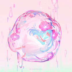 Rule 34 | 1girl, artist name, barefoot, blue hair, blurry, bubble, closed eyes, commentary, crescent, dress, dripping, english commentary, floating, floating hair, flower, from side, full body, highres, huhv., long hair, original, pink background, pink flower, pink theme, short sleeves, solo, sparkle, very long hair, white dress