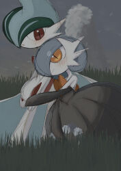 Rule 34 | 1boy, 1girl, alternate color, backless dress, backless outfit, bare shoulders, black dress, black gloves, blue cape, blue hair, blush, bob cut, cape, closed mouth, cloud, colored skin, creatures (company), dress, elbow gloves, flat chest, gallade, game freak, gardevoir, gen 3 pokemon, gen 4 pokemon, gloves, grass, green hair, grey sky, hair over one eye, happy, hetero, highres, holding hands, leaning on person, leaning to the side, long dress, looking at another, mega gallade, mega gardevoir, mega pokemon, mohawk, multicolored hair, nintendo, on ground, one eye covered, open mouth, orange eyes, outdoors, pokemon, pokemon (creature), red eyes, shicha (yagu), shiny pokemon, short hair, sitting, sky, smile, standing, strapless, strapless dress, sweat, two-sided cape, two-sided fabric, two-tone hair, white skin