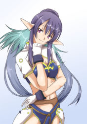 Rule 34 | 00s, 1girl, :3, blue hair, gloves, judith (tales), long hair, midriff, pointy ears, purple eyes, smile, solo, tales of (series), tales of vesperia, the game, white gloves