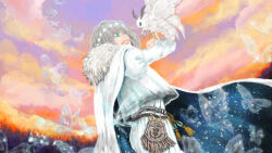 Rule 34 | 1boy, belt pouch, blanca (fate), blue eyes, bob cut, bug, butterfly, cape, cloak, coat, crown, diamond hairband, fate/grand order, fate (series), fur-trimmed cape, fur-trimmed cloak, fur-trimmed coat, fur trim, gradient sky, grey hair, highres, insect, long sleeves, moth, oberon (fate), official art, pouch, puffy sleeves, sky, umino chika, white cape, white cloak