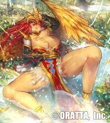 Rule 34 | 1girl, blue eyes, bracelet, breasts, chloris garden, claw (weapon), female focus, gauntlets, jewelry, large breasts, long hair, melon22, official art, one eye closed, red hair, solo, spread legs, very long hair, water, weapon, wet, yellow wings