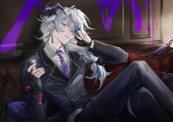 Rule 34 | 1boy, arknights, black gloves, black suit, blue hair, couch, cowboy shot, demon horns, earrings, fingerless gloves, formal, gloves, graffiti, hair over one eye, half gloves, hand up, highres, horns, indoors, infection monitor (arknights), jewelry, kaninn, male focus, multicolored hair, navel, on couch, ponytail, purple eyes, puzzle (arknights), puzzle piece, single earring, sitting, solo, suit, tassel, tassel earrings, two-tone hair, white hair