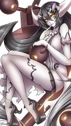 Rule 34 | 10s, 1girl, abyssal ship, anchorage water oni, bad id, bad twitter id, bare shoulders, black hair, breasts, colored skin, dress, elbow gloves, finger to mouth, gloves, glowing, glowing eyes, gradient hair, high heels, horns, kantai collection, large breasts, long hair, looking at viewer, multicolored hair, overskirt, pale skin, parted lips, short dress, silver hair, slit pupils, smile, solo, suzuneko (yume no kyoukai), thighhighs, torn clothes, torn thighhighs, turret, very long hair, white background, white dress, white gloves, white skin, white thighhighs, yellow eyes