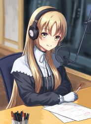 Rule 34 | 1girl, absurdres, asarime, bad id, bad pixiv id, black dress, blonde hair, blurry, blurry background, closed mouth, dress, gloves, hair between eyes, headphones, highres, holding, holding pen, indoors, long hair, long sleeves, looking at viewer, nijisanji, nun, pen, sister claire, sister claire (1st costume), sitting, smile, solo, straight hair, traditional nun, upper body, very long hair, virtual youtuber, white gloves, yellow eyes