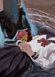 Rule 34 | 2girls, beach, black sailor collar, black skirt, black sleeves, blue hair, blue necktie, bouquet, bow, bowtie, commentary request, detached sleeves, flower, grey shirt, hands on own stomach, hatsune miku, head out of frame, holding, holding bouquet, interlocked fingers, kuroiwa brs, long hair, long sleeves, lying, multiple girls, necktie, on back, on ground, outdoors, own hands together, partially submerged, red bow, red bowtie, sailor collar, sand, school uniform, serafuku, shirt, skirt, sleeveless, sleeveless shirt, sleeves past fingers, sleeves past wrists, twintails, vocaloid, waves, white shirt