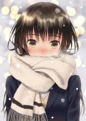 Rule 34 | 1girl, black jacket, blazer, blush, breath, brown eyes, brown hair, buttons, cold, covered mouth, dress shirt, enpera, fringe trim, jacket, long hair, long sleeves, looking at viewer, original, pocket, scarf, school uniform, shirt, snowing, solo, sweater, sweater vest, takeru (at will), upper body, white shirt