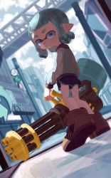 Rule 34 | 1girl, absurdres, ajomo, aqua eyes, aqua hair, aqua jacket, black shorts, blunt bangs, blurry, blurry background, brown footwear, city, closed mouth, commentary, day, depth of field, dolphin shorts, dutch angle, from behind, gym shorts, heavy splatling (splatoon), heel up, highres, holding, holding weapon, inkling, inkling girl, inkling player character, jacket, letterman jacket, light frown, light particles, long sleeves, looking at viewer, looking back, medium hair, nintendo, outdoors, pointy ears, shoes, short shorts, shorts, solo, splatoon (series), splatoon 2, standing, tentacle hair, weapon