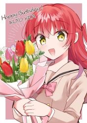 Rule 34 | 1girl, :d, blush, bocchi the rock!, bouquet, bow, character name, commentary request, english text, flower, hair between eyes, hamazi aki, happy birthday, holding, holding bouquet, kita ikuyo, long hair, long sleeves, one side up, open mouth, pink bow, red hair, sailor collar, school uniform, shuka high school uniform, smile, solo, upper body, white sailor collar