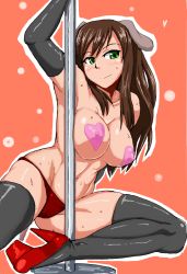 Rule 34 | 1girl, animal ears, black gloves, black thighhighs, blush, breasts, brown hair, cameltoe, collarbone, covered erect nipples, dog ears, dog tail, elbow gloves, federica n. doglio, gloves, green eyes, groin, heart, heart pasties, high heels, highres, kunashiri (etorofu), large breasts, long hair, navel, outline, panties, pasties, platform footwear, platform heels, pole, pole dancing, red panties, smile, solo, strike witches, strike witches: kurenai no majo-tachi, stripper pole, sweat, tail, thighhighs, underwear, world witches series