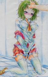 Rule 34 | 1girl, absurdres, ascot, bad id, bad pixiv id, between breasts, between legs, blush, breasts, crying, embarrassed, grabbing another&#039;s hair, green hair, hand on another&#039;s head, head grab, highres, kazami yuuka, kneeling, looking down, nichibotsu (kitaziman), pee, peeing, peeing self, plaid, puddle, red eyes, see-through, shoes, short hair, skirt, solo focus, tears, thighhighs, touhou, traditional media, v arms, white thighhighs, zettai ryouiki